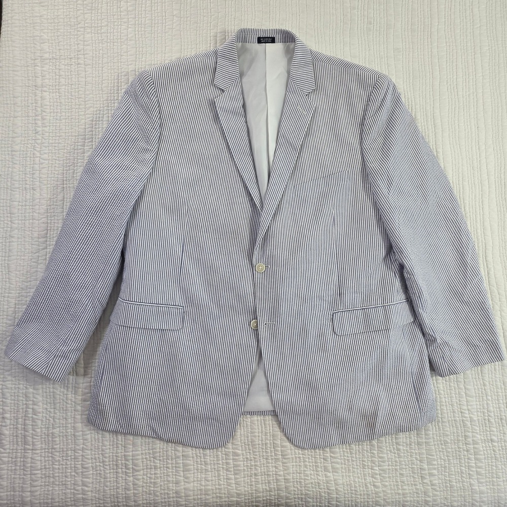 Saddlebred Mens 48R Seersucker Blazer Blue White Pinstripe Cotton Sport Coat EUC